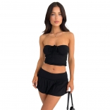 Black Off-Shoulder Lace Up Crop Tops Lining Pleated Sexy Short Skirt Sets