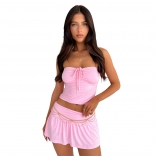 Pink Off-Shoulder Lace Up Crop Tops Lining Pleated Sexy Short Skirt Sets