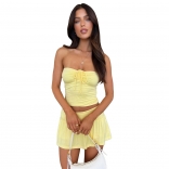 Yellow Off-Shoulder Lace Up Crop Tops Lining Pleated Sexy Short Skirt Sets