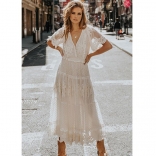 White Deep V-Neck Lace Chiffon Fashion Casual Maxi Dress