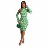 Green Halter Neck Sequins Mesh Bodycon Party Mini Dress with Gloves