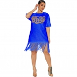 Blue Short Sleeve Sequins O-Neck Tassels Women T-Skirt