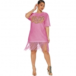 Pink Short Sleeve Sequins O-Neck Tassels Women T-Skirt