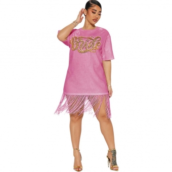 Pink Short Sleeve Sequins O-Neck Tassels Women T-Skirt