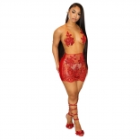 Red Sexy Deep V-Neck Mesh See Through Sequins Party Dress