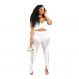 White Low Cut Off Shoulder Sexy Tops Mesh Hight Waist Pant Jumpsuits