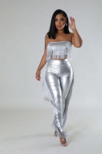 Silver Off Shoulder Tassels Crop Tops Girding Bodycon Sexy Dance Jumpsuit
