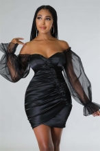 Black Off Shoulder Organza Sleeve Low Cut Pleated Button Sexy Mini Dress