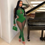 Green Long Sleeve Mesh Hollow Out Bodycon Clun Sexy Jumpsuit Dress