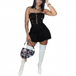 Black Women Sexy Hollow Out Lace Up Bandage Skirt Mini Dress