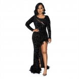 Black Long Sleeve Feather Sequins Bodycon Evening Long Dress