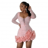 Pink Lace Long Sleeve Deep V Neck Pearls Rhienstone Bodycon Pleated Mini Dress