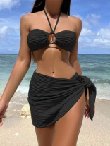 Black Pleated Three Piece Bikini Swimsuit with Skirt