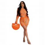 Orange Two Pieces Knitting Hollow Out Sequins Sexy Short Sets