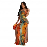 Orange Women's Off Shoulder Printed Hight Slit Fashion Long Dress