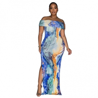 Blue Women's Off Shoulder Printed Hight Slit Fashion Long Dress