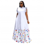 White Sleeveless Pleated O Neck Fashion Printed Casual Long Skirt Dress
