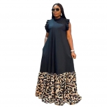 Black Sleeveless Pleated O Neck Fashion Printed Casual Long Skirt Dress