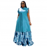 Blue Sleeveless Pleated O Neck Fashion Printed Casual Long Skirt Dress