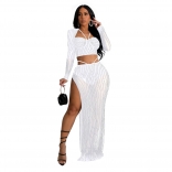 White Two Piece Mesh Rhinestone Crop Top Sexy Slit Skirt Sets Formal Dress