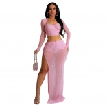 Pink Two Piece Mesh Rhinestone Crop Top Sexy Slit Skirt Sets Formal Dress
