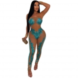 Blue Off Shoulder Mesh See Through Sequins Party Sexy Jumpsuit