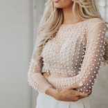 White Lace Sexy Pearls Diamonds Long Sleeve Crop Tops