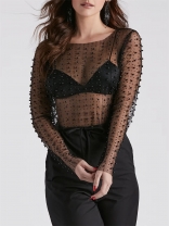 Black All Lace Sexy Pearls Diamonds Long Sleeve Crop Tops
