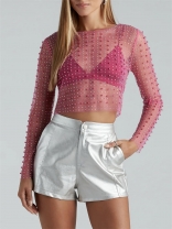 RoseRed Lace Sexy Pearls Diamonds Long Sleeve Crop Tops