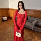 Red Long Sleeve Lace Hollow Out Sexy See Through Maxi Dress
