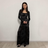 Black Long Sleeve Lace Hollow Out Sexy See Through Maxi Dress