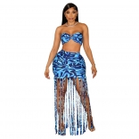 Blue Off Shoulder Sexy Two Pieces Tassels Printed Club Skirt Sets Dress