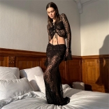 Black Two Pieces Lace Hollow Out Crop Tops Bandage Skirt Dress