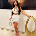 White Two Pieces Knitted Lacy Crop Tops Sexy Club Party Skirt Sets