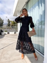 Black Long Sleeve Lace Embroidered Hollow Fashion Skirt Dress