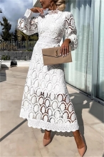 White Long Sleeve Lace Embroidered Hollow Fashion Skirt Dress