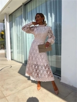Beige Long Sleeve Lace Embroidered Hollow Fashion Skirt Dress