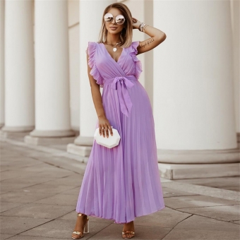 Purple Chiffon Ruffles Sleeve V Neck Casual Pleated Skirt Dress