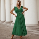 Green Chiffon Ruffles Sleeve V Neck Casual Pleated Skirt Dress