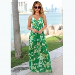 Green Straps V Neck Printed Fashion Casual Floral Long Dress