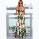 White Green Straps V Neck Printed Fashion Casual Floral Long Dress