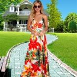 Red Straps V Neck Printed Fashion Casual Floral Long Dress
