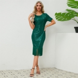 Green Short Sleeve Sequins O-Neck Tassels Women Midi Dress
