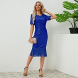 Blue Short Sleeve Sequins O-Neck Tassels Women Midi Dress