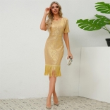 Gold Short Sleeve Sequins O-Neck Tassels Women Midi Dress