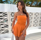 Orange Off Shoulder Pleated Sexy Party Women Short Skirt Dress