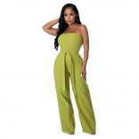 Green Pleated Off Shoulder Neck Casual Belt Fashion Women Jumpsuit Rompers