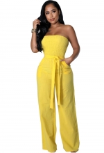 Yellow Pleated Off Shoulder Neck Casual Belt Fashion Women Jumpsuit Rompers