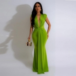 Green Deep V Neck Sexy Pleated Elegant Bodycon Formal Maxi Dress