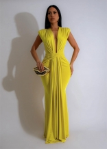 Yellow Deep V Neck Sexy Pleated Elegant Bodycon Formal Maxi Dress
